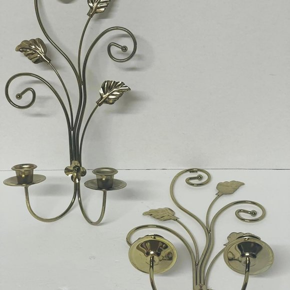 Pair of Home Interiors Metal Wall Sconces. Scroll/Leaf Hollywood Regency Gold - Picture 3 of 5